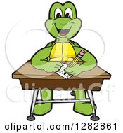 Happy Turtle School Mascot Character Writing At A Desk