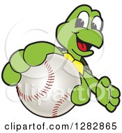 Poster, Art Print Of Happy Turtle School Sports Mascot Character Catching Or Holding Out A Baseball