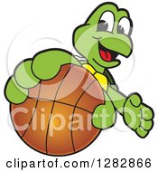Poster, Art Print Of Happy Turtle School Sports Mascot Character Catching Or Holding Out A Basketball