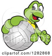 Poster, Art Print Of Happy Turtle School Sports Mascot Character Catching Or Holding Out A Volleyball