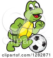 Poster, Art Print Of Happy Turtle School Sports Mascot Character Playing Soccer