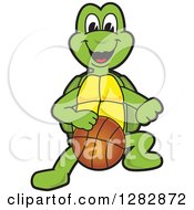 Poster, Art Print Of Happy Turtle School Sports Mascot Character Dribbling A Basketball