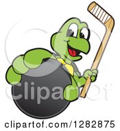 Poster, Art Print Of Happy Turtle School Sports Mascot Character Holding Out An Ice Hockey Puck And Stick