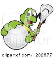 Poster, Art Print Of Happy Turtle School Sports Mascot Character Holding Out A Lacrosse Ball And Stick