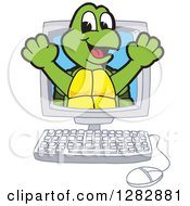 Poster, Art Print Of Happy Turtle School Mascot Character Emerging From A Desktop Computer Screen