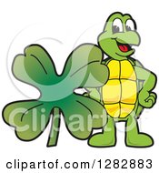 Poster, Art Print Of Happy Turtle School Mascot Character With A St Patricks Day Four Leaf Clover Shamrock