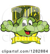 Happy Turtle School Mascot Character Leaping Out From A Shield With Text And A Blank Banner