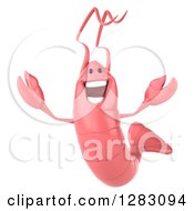 Clipart Of A 3d Pink Shrimp Jumping Royalty Free Illustration