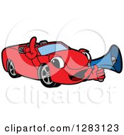 Clipart Of A Happy Red Convertible Car Mascot Character Announcing With A Megaphone Royalty Free Vector Illustration