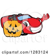 Poster, Art Print Of Happy Red Convertible Car Mascot Character Waving By A Halloween Jackolantern Pumpkin