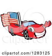 Poster, Art Print Of Happy Red Convertible Car Mascot Character Waving And Holding An American Flag
