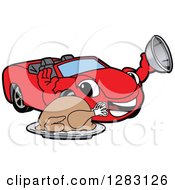 Clipart Of A Happy Red Convertible Car Mascot Character Serving A Thanksgiving Turkey Royalty Free Vector Illustration