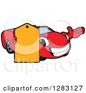 Happy Red Convertible Car Mascot Character Presenting And Holding A Price Tag by Mascot Junction