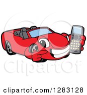 Poster, Art Print Of Happy Red Convertible Car Mascot Character Holding And Pointing To A Cell Phone