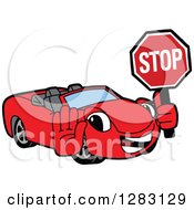 Poster, Art Print Of Happy Red Convertible Car Mascot Character Gesturing And Holding A Stop Sign