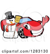 Poster, Art Print Of Happy Red Convertible Car Mascot Character Waving By A Christmas Snowman
