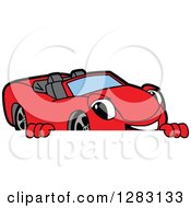 Clipart Of A Happy Red Convertible Car Mascot Character Smiling Over A Sign Royalty Free Vector Illustration by Toons4Biz