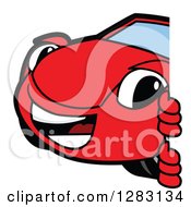 Poster, Art Print Of Happy Red Convertible Car Mascot Character Smiling Around A Sign
