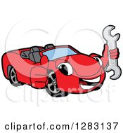 Poster, Art Print Of Happy Red Convertible Car Mascot Character Holding A Thumb Up And A Wrench