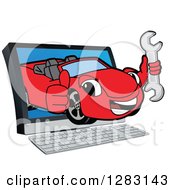 Clipart Of A Happy Red Convertible Car Mascot Character Holding A Thumb Up And Emerging From A Computer Screen Royalty Free Vector Illustration