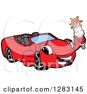 Happy Red Convertible Car Mascot Character Holding A Thumb Up And Spark Plug