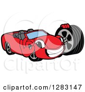 Poster, Art Print Of Happy Red Convertible Car Mascot Character Gesturing Ok And Holding A Tire