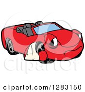 Sad Red Convertible Car Mascot Character With An Arm In A Sling