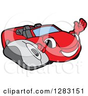Poster, Art Print Of Happy Red Convertible Car Mascot Character Waving By A Computer Mouse