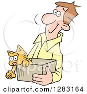 Poster, Art Print Of Happy Brunette Caucasian Man Carrying A Kitten In A Box