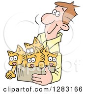 Poster, Art Print Of Happy Brunette Caucasian Man Carrying Kittens In A Box