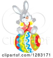 Poster, Art Print Of Happy Gray Bunny Rabbit Cheering On A Giant Easter Egg