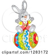 Poster, Art Print Of Happy Gray Easter Bunny Rabbit Cheering On A Giant Egg
