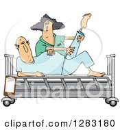 Poster, Art Print Of White Female Nurse Helping A Caucasian Male Patient Stretch For Physical Therapy Recovery In A Hospital Bed