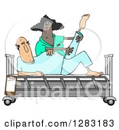 Poster, Art Print Of Black Female Nurse Helping A White Male Patient Stretch For Physical Therapy Recovery In A Hospital Bed