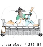 Poster, Art Print Of Black Female Nurse Helping A Caucasian Male Patient Stretch For Physical Therapy Recovery In A Hospital Bed
