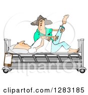 White Female Nurse Helping A White Male Patient Stretch For Physical Therapy Recovery In A Hospital Bed