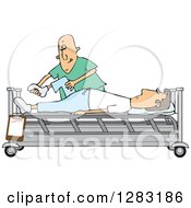 Clipart Of A White Male Nurse Helping A Guy Patient Stretch For Physical Therapy Recovery In A Hospital Bed Royalty Free Vector Illustration