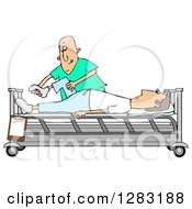 Clipart Of A Caucasian Male Nurse Helping A Guy Patient Stretch For Physical Therapy Recovery In A Hospital Bed Royalty Free Illustration