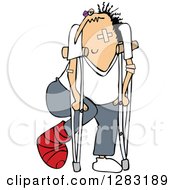 Poster, Art Print Of Caucasian Banged Up Man With Bandages Crutches A Black Eye And Cast