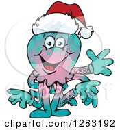 Clipart Of A Friendly Waving Octopus Wearing A Christmas Santa Hat Royalty Free Vector Illustration