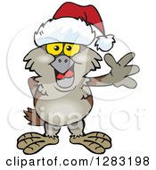 Poster, Art Print Of Friendly Waving Owl Wearing A Christmas Santa Hat