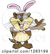 Clipart Of A Friendly Waving Otter Wearing Easter Bunny Ears Royalty Free Vector Illustration by Dennis Holmes Designs