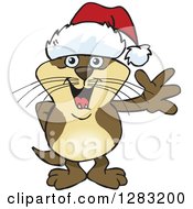 Clipart Of A Friendly Waving Otter Wearing A Christmas Santa Hat Royalty Free Vector Illustration