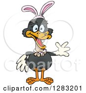 Clipart Of A Friendly Waving Ostrich Wearing Easter Bunny Ears Royalty Free Vector Illustration