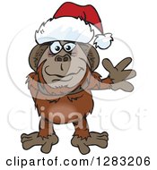 Clipart Of A Friendly Waving Orangutan Wearing A Christmas Santa Hat Royalty Free Vector Illustration