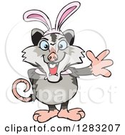 Clipart Of A Friendly Waving Opossum Wearing Easter Bunny Ears Royalty Free Vector Illustration