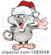 Friendly Waving Opossum Wearing A Christmas Santa Hat