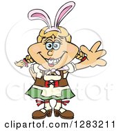 Clipart Of A Friendly Waving German Oktoberfest Woman Wearing Easter Bunny Ears Royalty Free Vector Illustration