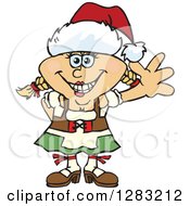 Friendly Waving Blond Oktoberfest German Woman Wearing A Christmas Santa Hat