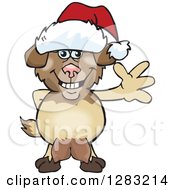 Friendly Waving Nanny Goat Wearing A Christmas Santa Hat